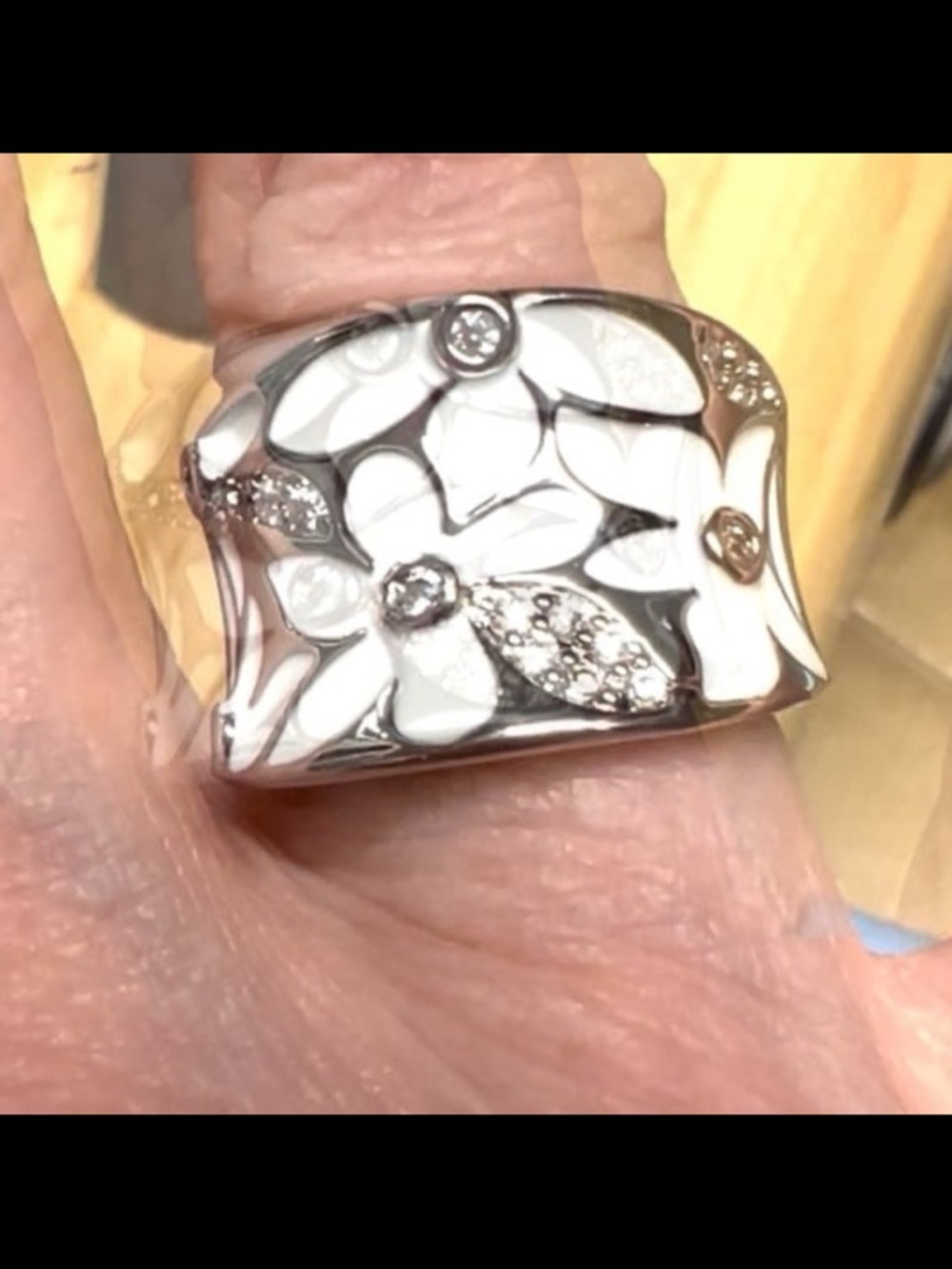 White Floral Enamel and Crystal Wide Band Ring